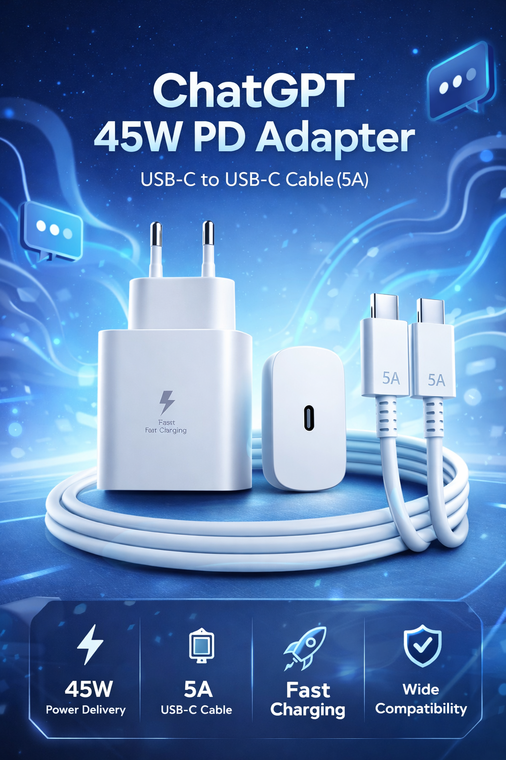 45W PD Fast Charger with USB-C to USB-C Cable (5A)Designed for modern USB-C devices